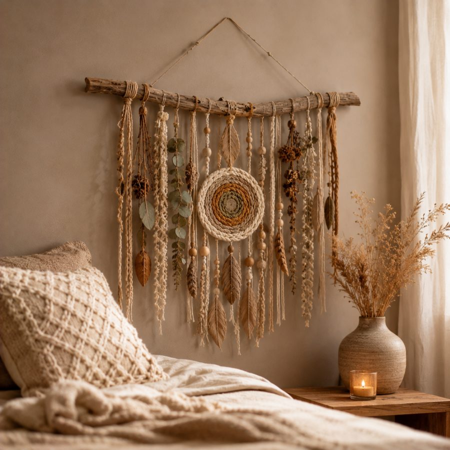 Sluneční kruh – boho nástěnná dekorace z přírodních materiálů
